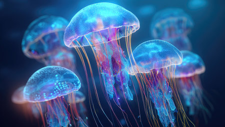 This image showcases several luminous jellyfish floating in the depths of the ocean. Their translucent bodies exhibit shades of blue, purple, and red, creating a captivating display. The composition uses a dark blue background to highlight the glowing organisms. Suitable for various creative and illustrative applications, it can enhance visual appeal.の素材