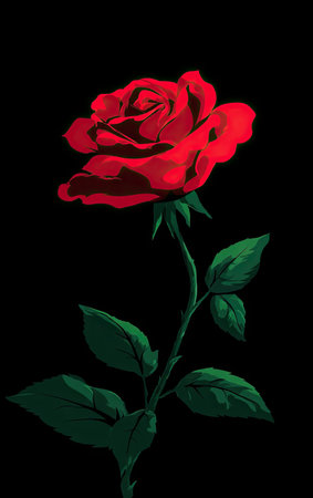 A digital illustration showcases a single, fully bloomed red rose with green leaves on a dark backdrop. The composition features a close-up view of the flower, emphasizing its texture and form. This artistic rendering, characterized by its bold colors and contrast, could be suitable for various design applications.の素材