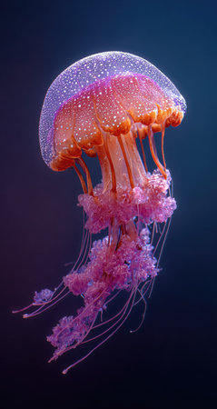 An isolated jellyfish floats against a dark background. The subject exhibits orange, pink, and purple hues with a translucent texture, illuminated by bright light. The image features a symmetrical composition suggesting underwater life. Suitable for commercial applications such as editorial content and advertising materials.の素材