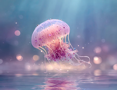 An ethereal jellyfish with a luminous pink and purple hue gracefully drifts in calm water. The composition highlights the creature against a soft, blurred background, enhancing the dreamlike aesthetic. It showcases a beautiful example of aquatic life with potential uses in creative projects and editorial content.の素材