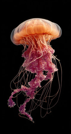 A detailed image displays a colorful jellyfish floating against a deep black backdrop. The jellyfish features shades of pink, orange, and white, with intricate textures and delicate trailing tentacles. The lighting highlights the subject, suggesting a studio setting, suitable for various editorial and commercial applications.の素材