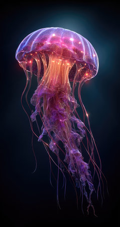 A luminous jellyfish floats gracefully, its bell and tentacles rendered in hues of purple and orange. The illustration exhibits a detailed texture, suggesting a digital artwork or stylized artistic representation. The dark backdrop implies a deep sea environment. Suitable for designs requiring aquatic themes or imaginative visuals.の素材