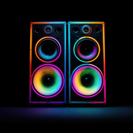 Two vertical speaker towers display vivid neon lights across a dark background. The speakers feature circular patterns of bright colors, creating a striking visual effect. The image is composed in a symmetrical arrangement with high contrast, lending itself to various promotional and artistic uses.の素材