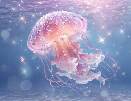A stunning illustration captures a luminous jellyfish suspended in the ocean depths. The artwork features a captivating blend of pink and white hues, enhanced by ambient lighting and glistening particles. This dreamy composition could be suitable for various creative projects, including digital art, print media, and promotional designs.の素材