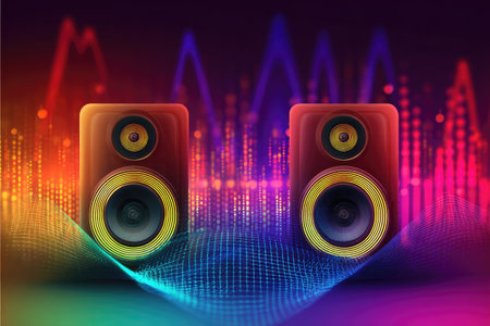 Two speakers are centrally displayed against a backdrop of colorful sound waves, creating a lively visual. The image uses bright hues of yellow, orange, blue, and purple, and the overall style is digital art with a focus on light and form. Suitable for commercial projects or advertising purposes, it has a modern and dynamic feel.の素材