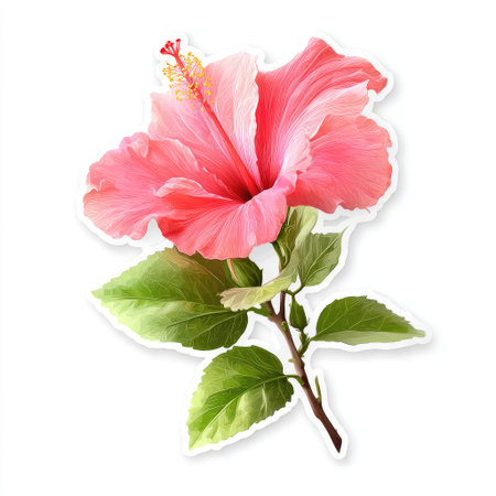 A close-up view presents a pink hibiscus flower with green leaves against a plain white background. The vibrant flower exhibits soft petals and detailed stamens. The composition shows the flower in full bloom, emphasizing its natural beauty. Suitable for various design applications, including decorative elements or botanical illustrations.の素材