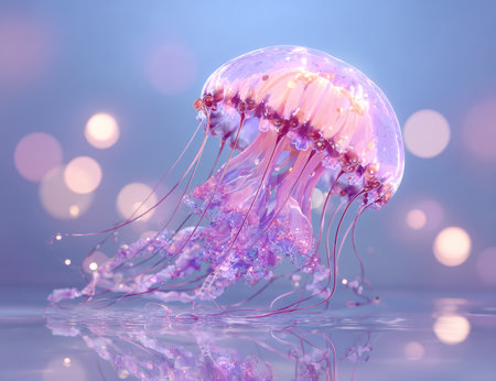 A digital illustration showcases a jellyfish with a translucent body and trailing tentacles. It features pastel pink and purple hues, accented by a blurred bokeh background with ambient lighting. Suitable for various creative projects, this image could be utilized for editorial, decorative, or artistic purposes.の素材