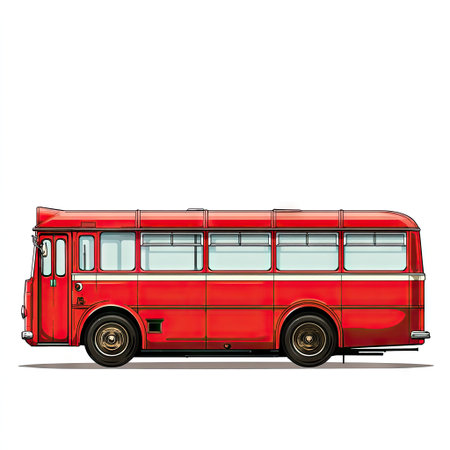 A vibrant red bus is depicted against a clean white backdrop. The illustration presents a classic bus design with multiple windows, black tires, and detailed exterior features. Its composition is simple and isolated, making it suitable for various commercial uses, including advertising and design projects. The bright colors offer visual appeal.の素材
