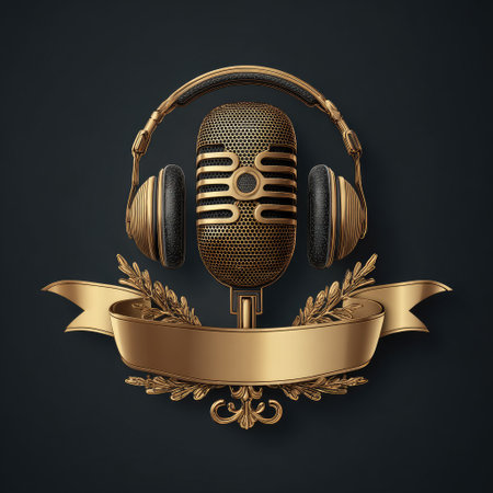 An illustration featuring a stylized microphone paired with headphones, set against a dark backdrop. The composition is accentuated by a gold color palette and a decorative banner. This image, with its classic aesthetic, is suitable for various projects related to music, broadcasting, or audio production.の素材