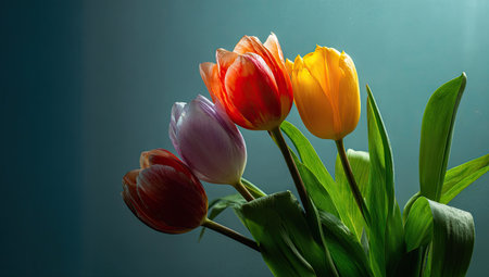 A close-up captures a collection of blooming tulips with orange, red, and yellow petals. The flowers exhibit a delicate texture, contrasted against a dark blue background with soft lighting. This studio shot showcases the tulips' vivid colors and forms, ideal for commercial uses related to floral design and springtime visuals.の素材