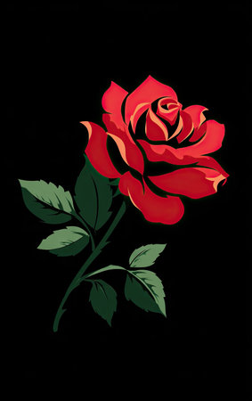 A striking illustration showcases a detailed red rose with multiple petals, complemented by green leaves and a stem. The graphic style employs bold outlines and contrasting colors against a solid black background. Suitable for various design projects, this image could be employed in both commercial and editorial contexts.の素材