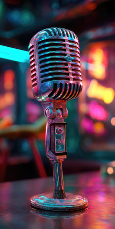 A close-up of a vintage microphone stands prominently against a blurred background illuminated with neon lights. The image showcases a metallic texture, suggesting a recording studio or performance environment. The vibrant colors and selective focus draw attention to the central subject, implying potential use in music, broadcasting, or entertainment-related projects.の素材