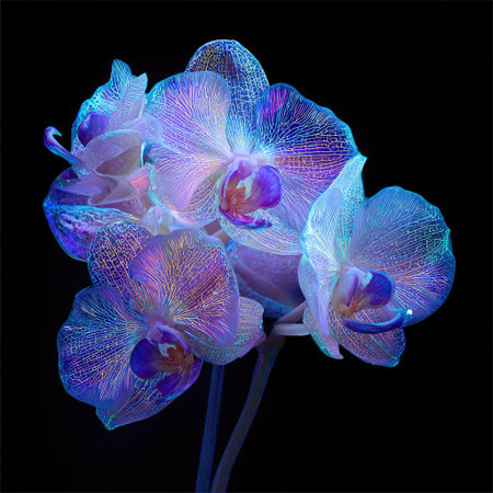 This image showcases orchids in full bloom, illuminated to reveal intricate details of their petals. The flowers exhibit a spectrum of cool colors, with an emphasis on blue and purple hues, contrasted against a deep black background. This visual composition could be used for various design projects or editorial content.の素材