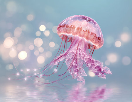 A striking jellyfish, primarily pink and translucent, gracefully floats against a soft teal backdrop. Its delicate tentacles and bell structure are illuminated by subtle lighting, creating a dreamy effect. The image incorporates a bokeh of out-of-focus lights. This design is suitable for various projects, including advertising or decorative purposes.の素材