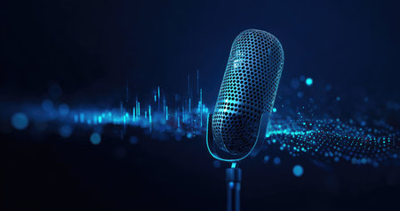 A close-up view presents a classic microphone against a dark background, highlighted by dynamic digital waveform graphics. The composition features shades of blue, suggesting a technological environment. This image is suitable for various commercial purposes, including music-related projects or visual representations of sound.の素材