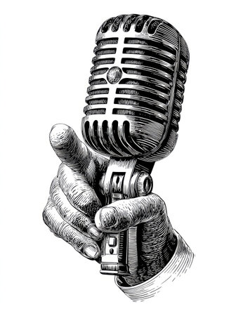 A detailed illustration depicts a hand gripping a vintage microphone. The image utilizes black and white shading to create depth and texture, showing the device in close-up against a clean white backdrop. Suitable for various design projects, this image could serve commercial purposes, from editorial layouts to advertising.の素材