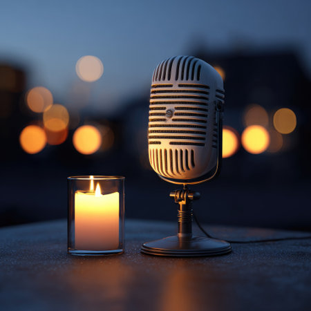 An antique microphone and a burning candle in a glass holder are the main subjects in this composition. The scene showcases a warm glow from the candle against a dark, out-of-focus background. The image's lighting enhances the atmosphere, which could be used for various commercial or editorial projects.の素材