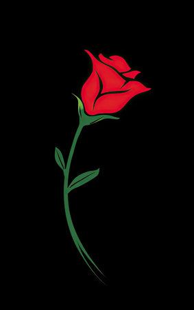 A striking illustration showcases a single, red rose with a green stem and leaves set against a stark black background. The artwork features bold, clean lines, and a minimalist style. The lighting is even, highlighting the bright colors. This image is suitable for various design projects, including prints, and digital media.の素材