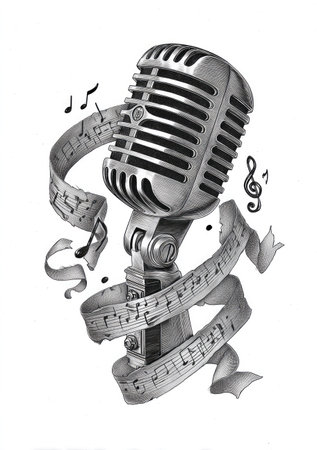 An illustration features a retro microphone entwined with a flowing ribbon displaying musical notes. The artwork is rendered in grayscale, utilizing shading to highlight texture and form. The design evokes a sense of musical performance, possibly suitable for promotional material or decorative purposes.の素材