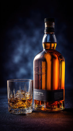 A whiskey bottle and a glass filled with ice and liquid are prominently displayed. The image showcases a dark background and warm lighting that highlights the amber liquid and the glass's texture. Suitable for various uses, this image could enhance marketing materials or editorial content.の素材