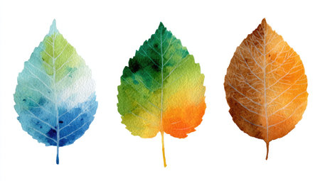Three watercolor leaves demonstrate a seasonal transition on a white background. Each leaf showcases a unique color palette, with hues of blue, green, and orange. The illustration features soft textures and a clean, artistic style. Suitable for various design projects, it is ideal for commercial and editorial uses.の素材