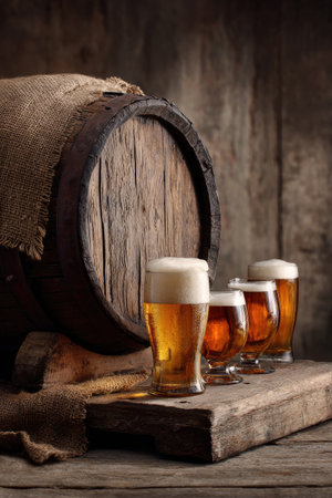 An image showcases a wooden barrel and several glasses filled with beer, arranged on a rustic wooden surface. The composition highlights the textures of the wood and the foamy beer. The lighting creates shadows, enhancing the depth of the scene. Suitable for promotional materials and editorial projects.の素材