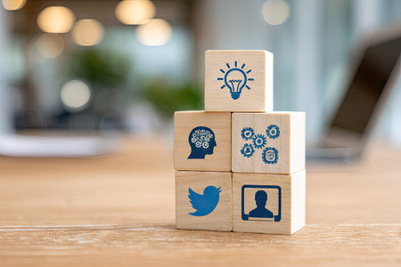 The image showcases wooden blocks displaying diverse business-related symbols. The blocks are arranged in a stack on a wooden surface. A blurred background, suggestive of an office, adds depth to the composition. It is suitable for conceptual illustrations, articles about business, and marketing materials.の素材