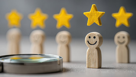 The image features wooden figures, each with a smiley face, alongside golden star shapes. A magnifying glass rests in the foreground. The composition emphasizes concept of evaluation and feedback. It conveys a visual representation of quality assessment and potential commercial applicability.の素材