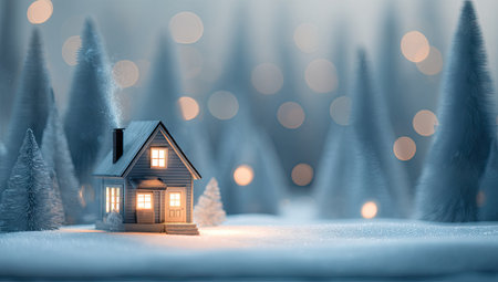 A small house with warm lights glows against a backdrop of frosted trees and falling snow. The scene employs soft, cool tones with a touch of warmth from the interior lights. The composition and lighting create a calm and inviting atmosphere. Ideal for illustrating winter themes, holiday concepts, or creating background elements.の素材