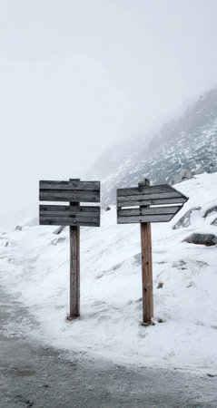 Two weathered wooden directional signs stand prominently in a snow-covered environment. The signs feature simple rectangular designs and are mounted on wooden posts. The image presents a monochromatic palette, with the signs and environment rendered in shades of gray, suggesting a cold, overcast day. The scene may be suitable for editorial or illustrative purposes.の素材