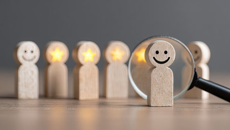 A close-up captures wooden figures, some with illuminated star shapes. One figure is magnified, suggesting focus. The image uses a shallow depth of field, with soft lighting and a neutral background. This visual could be used to illustrate concepts related to selection, teamwork, or goal setting in various commercial projects.の素材