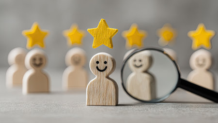 A group of wooden figures are depicted with a focus on one figure under a star. The image shows a magnifying glass examining the highlighted figure, suggesting selection or special status. The composition uses neutral tones and shallow depth of field, with soft lighting. This image could be used for various commercial or editorial needs.の素材