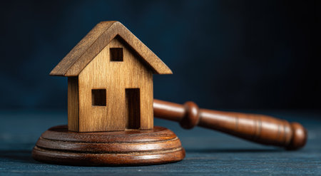 A wooden house model rests on a gavel in this studio shot, set against a dark backdrop. The composition features warm brown tones from the wood and gavel, with a shallow depth of field. This image is suitable for a variety of uses, including real estate promotions, financial illustrations, and legal content.の素材