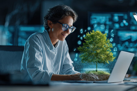 A woman sits at a desk, focused on a laptop. A digitally rendered tree, combining nature and technology, stands near the computer. The scene is illuminated by ambient lighting, with a soft color palette. This image is suitable for various commercial purposes, including articles about innovation and sustainable development.の素材