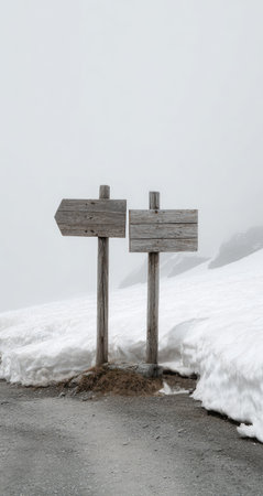Two weathered wooden directional signs stand prominently in a snow-covered environment. The signs are mounted on wooden posts, with a minimalist design. Soft lighting and a cloudy sky create a subdued atmosphere. This image could be used for illustrating concepts of direction, guidance, or travel.の素材