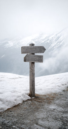 A weathered wooden signpost stands against a backdrop of snow-covered terrain and misty mountains. The image showcases a neutral color palette with soft textures and diffused lighting. It suggests a concept of direction, choices, and navigating an environment. Suitable for visual concepts and various design projects.の素材