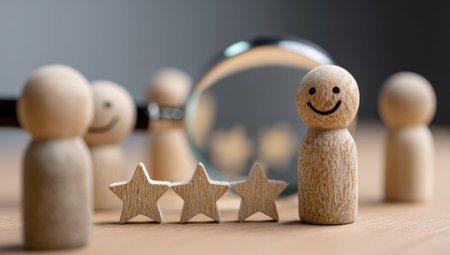 A close-up shot features wooden figures with smiley faces, arranged near wooden stars. A magnifying glass is positioned behind the figures, adding depth to the composition. The scene uses natural lighting, highlighting the wooden texture. This image is suitable for various business or advertising applications.の素材