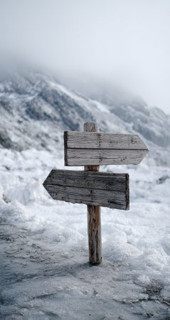 A wooden directional sign stands prominently in a wintery scene featuring snow-covered terrain and mountains. The composition displays a muted color palette, showcasing shades of gray and white. The photograph emphasizes a sense of direction amidst a cold, natural environment suitable for various commercial or editorial applications.の素材