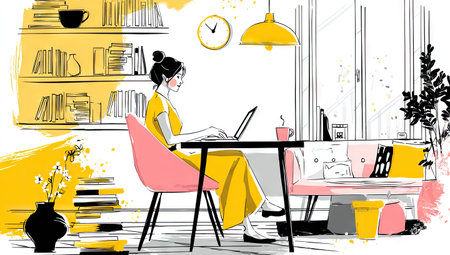 An illustration depicts a woman working on a laptop at a desk within a home office. The composition utilizes a vibrant palette of yellow, pink, and black accents against a white background. The scene suggests a comfortable indoor setting, suitable for various design, lifestyle, and business-related visual projects.の素材