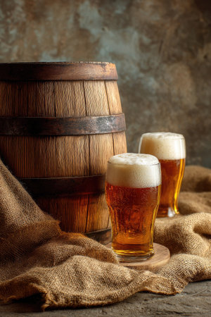 This image showcases a wooden barrel alongside two beer glasses, arranged on a textured cloth. The scene is illuminated by soft light, highlighting the rich colors and details. The composition may be suitable for advertisements or editorial content related to beverages or the brewing process, promoting a sense of warmth and tradition.の素材