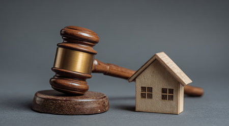 A wooden gavel and a miniature house are presented against a muted gray backdrop. The scene, with its subtle lighting and composition, implies legal proceedings related to real estate. The image's simplicity and neutral tones suggest versatile use in commercial and editorial projects.の素材