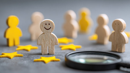 A close-up view displays wooden figures and golden stars arranged on a gray surface. One figure features a smiley face. The composition includes a magnifying glass, suggesting observation or discovery. The image uses soft lighting and a shallow depth of field, suitable for conceptual or illustrative purposes.の素材