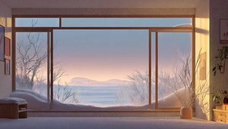 An inviting indoor scene showcases a wide view of a snowy winter landscape. The image features a bright atmosphere created by natural light streaming through a large window. The composition suggests a serene, peaceful context, potentially suitable for interior design or editorial content related to seasonal themes.の素材