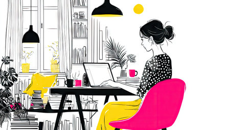 An illustration depicts a woman using a laptop in a stylized interior. The image showcases a minimalist style with vibrant colors set against a white background. The scene suggests a home office or creative workspace. This artwork could be suitable for digital marketing and editorial purposes.の素材
