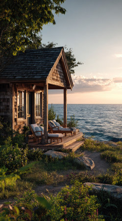 A quaint wooden cabin sits by the sea, featuring a deck and inviting seating. The scene is bathed in the warm hues of a sunset, with the sky reflecting on the water. The composition highlights natural textures and colors, suitable for travel or lifestyle content.の素材