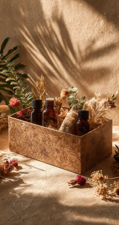 A wooden box filled with small bottles and dried flowers sits against a beige background. The composition features warm tones and natural textures, with soft sunlight casting shadows. Suitable for visual marketing campaigns and various commercial applications that require a natural aesthetic.の素材