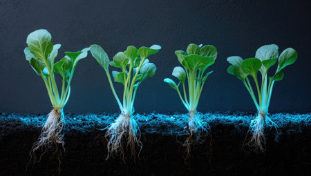 Four small plants with visible roots are depicted emerging from dark soil against a deep blue backdrop. The green leaves contrast with the exposed white roots. The composition employs a low angle and focused lighting, suggesting indoor cultivation, and could be utilized in educational, commercial, or illustrative projects.の素材