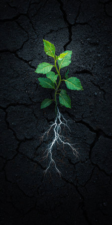 A striking image features a young plant with lush green leaves emerging from dark, cracked soil. The roots are depicted with a stylized, graphic representation. The composition creates a dramatic contrast with high-contrast lighting and a predominantly dark color palette, suitable for various editorial and promotional applications. The image evokes themes of growth and resilience.の素材