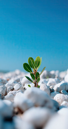 A small green plant emerges from white pebbles under a vibrant blue sky. The composition features a shallow depth of field, focusing on the plant. The scene evokes a sense of renewal, growth, and hope. Suitable for various editorial and commercial applications related to nature and environmental themes.の素材