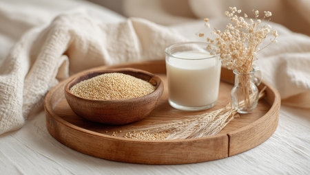 A wooden tray displays a bowl of seeds and a glass of milk, alongside a small vase of dried wheat. The composition has a soft, warm color palette, with natural light and textures. This image is suitable for illustrating concepts of health, nutrition, and food preparation, as well as for commercial and editorial purposes.の素材